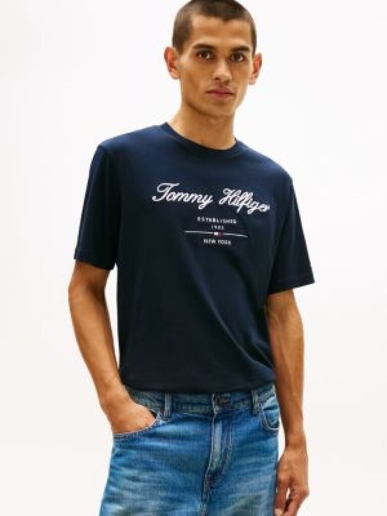 Blue Script Logo Crew Neck T-Shirt  Men