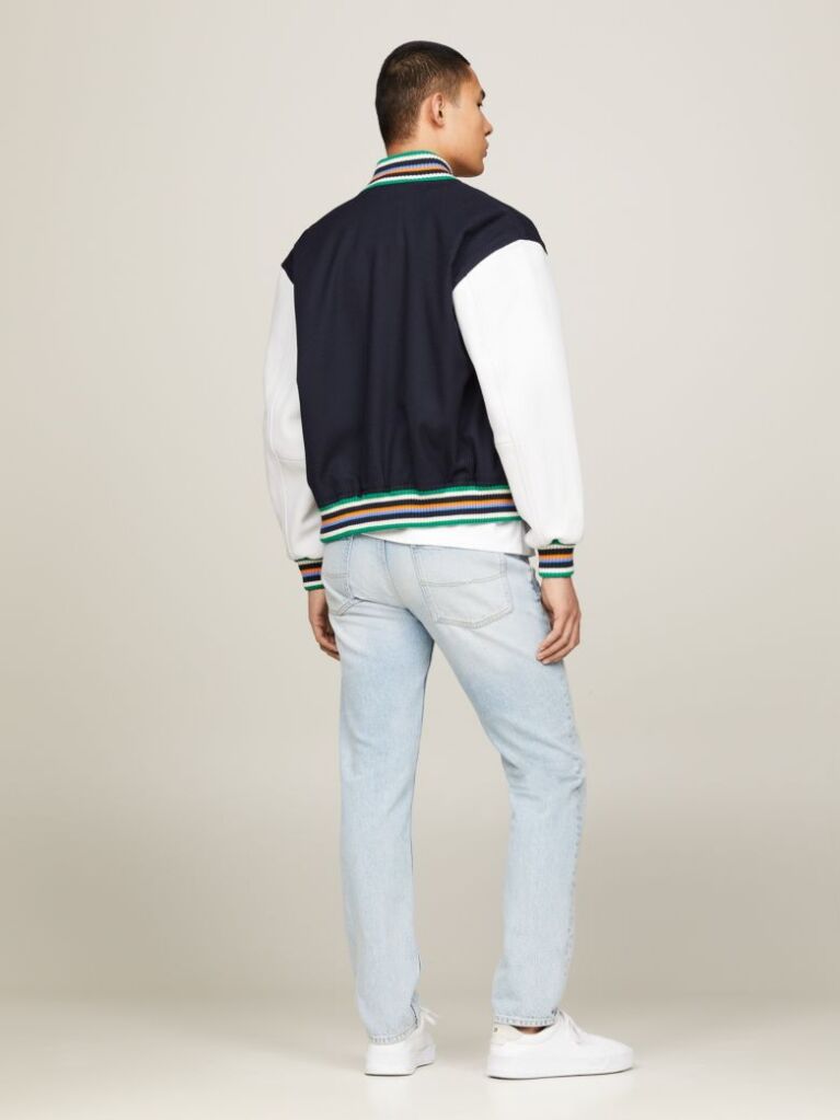 Blue Archive Crest Logo Leather Mix Varsity Jacket  Men