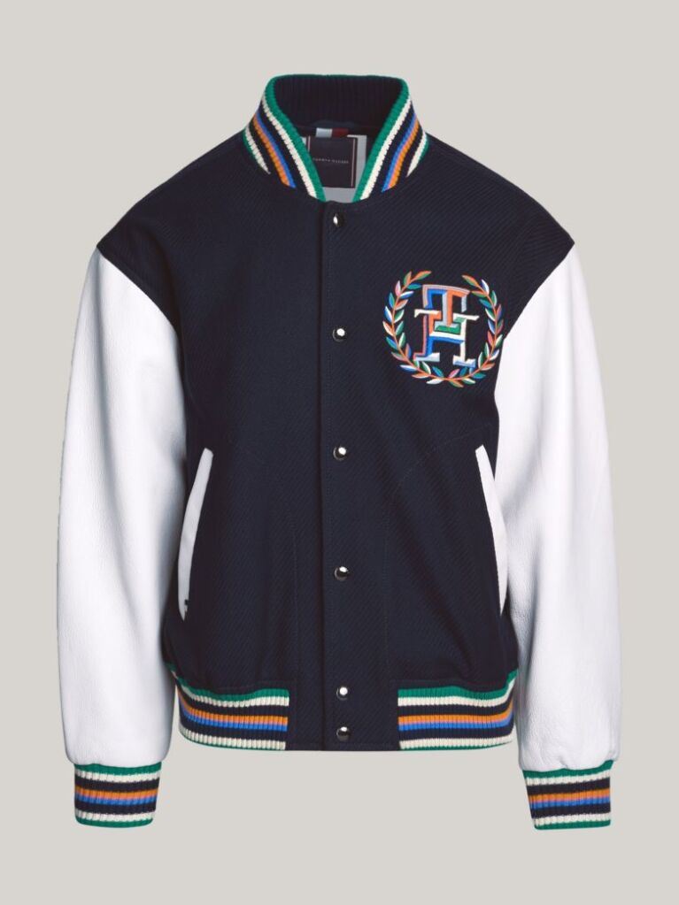 Blue Archive Crest Logo Leather Mix Varsity Jacket  Men