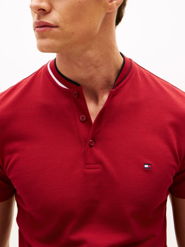 Red Mandarin Collar Slim Polo Shirt  Men