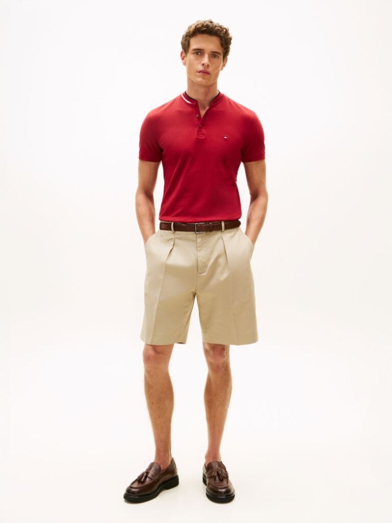Red Mandarin Collar Slim Polo Shirt  Men