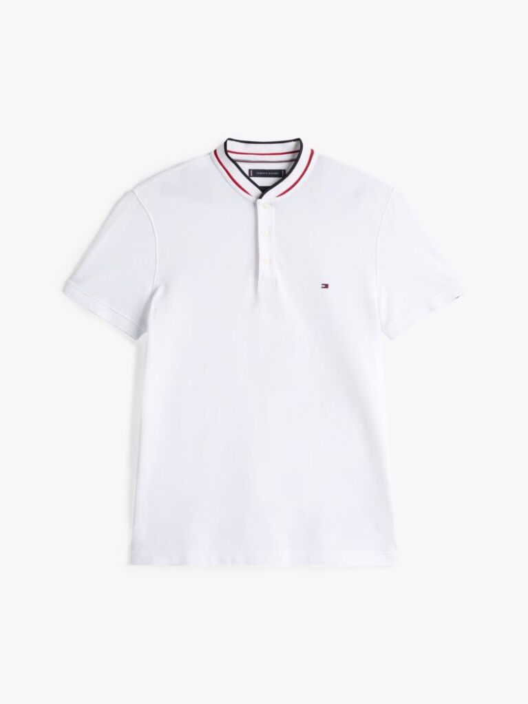 White Mandarin Collar Slim Polo Shirt  Men