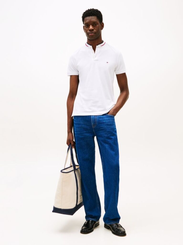 White Mandarin Collar Slim Polo Shirt  Men