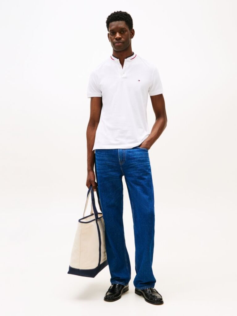 White Mandarin Collar Slim Polo Shirt  Men