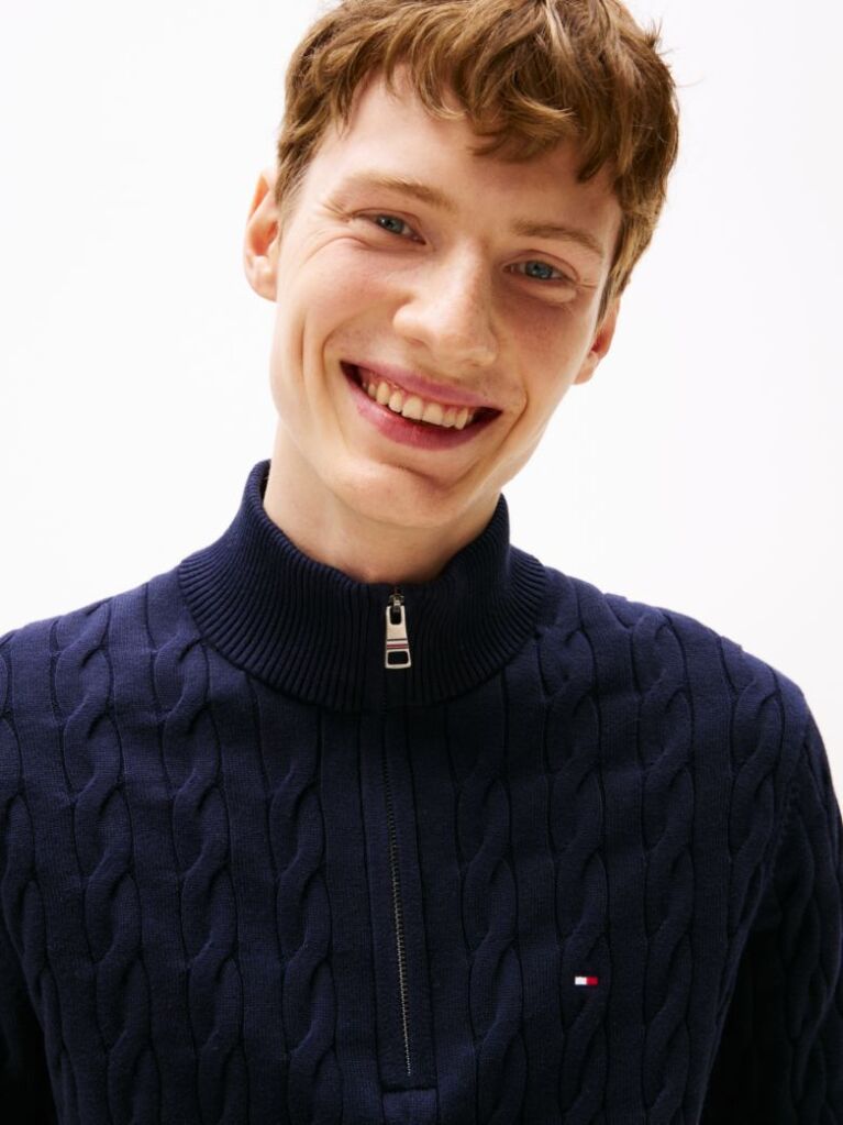 Blue Cable Knit Half-Zip Jumper  Men