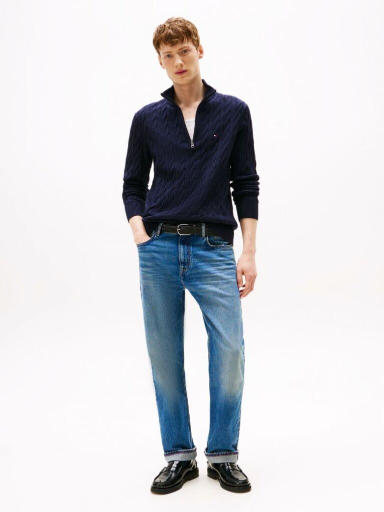 Blue Cable Knit Half-Zip Jumper  Men