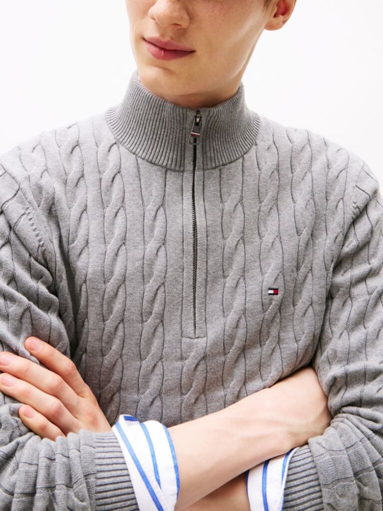Grey Cable Knit Half-Zip Jumper  Men