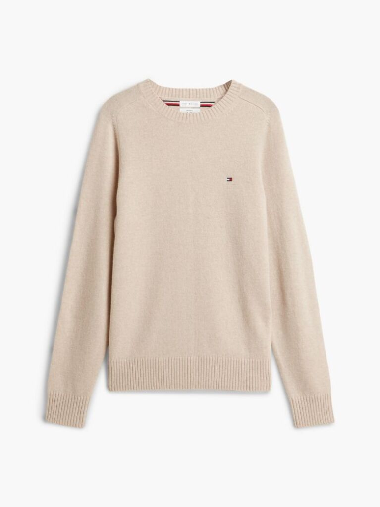 Beige Pure Lambswool Crew Neck Jumper  Men