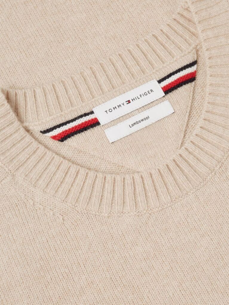 Beige Pure Lambswool Crew Neck Jumper  Men