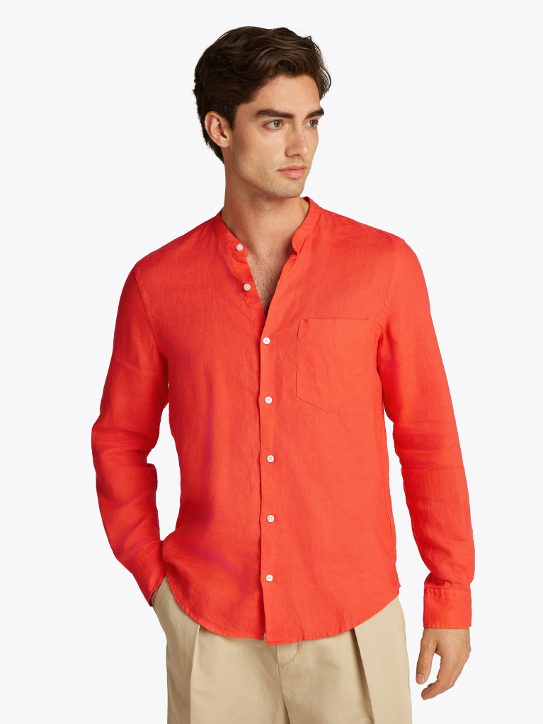Πορτοκαλί Smart Casual Λινό Πουκάμισο Σε Στενή Γραμμή  Άνδρες