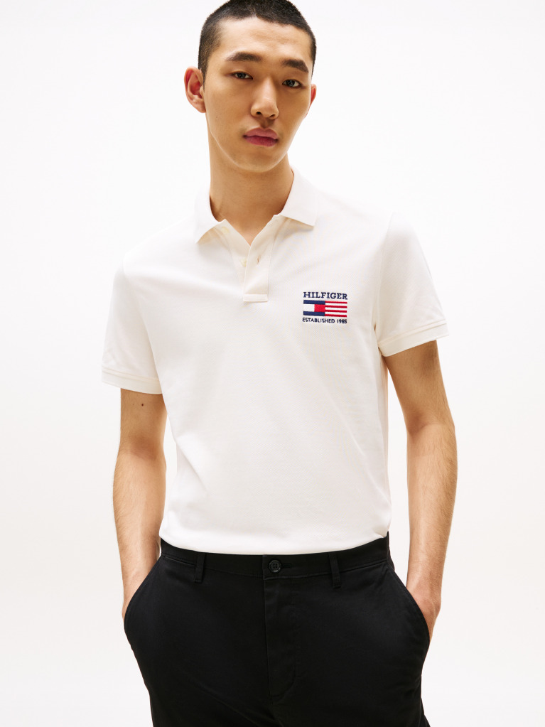 Beige Polo Shirt With Embroidered Hilfiger Flag  Men