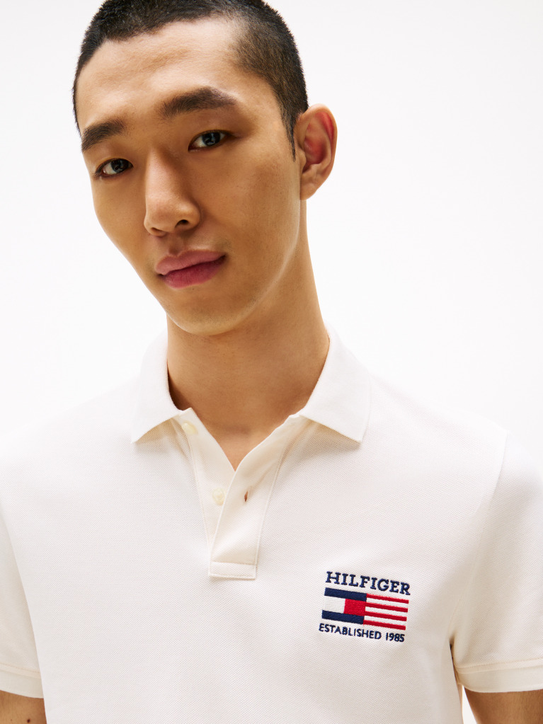 Beige Polo Shirt With Embroidered Hilfiger Flag  Men