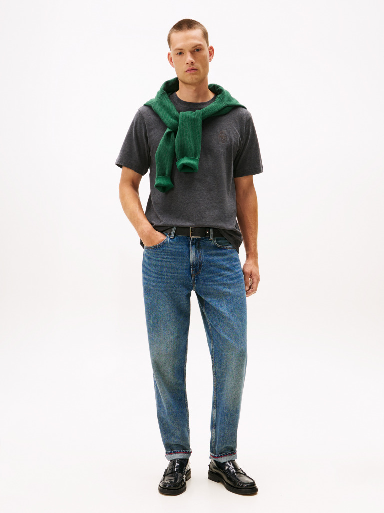 Grey Varsity Textured Crest Embroidery T-Shirt  Men