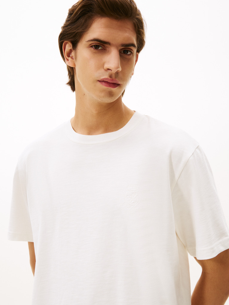 Beige Varsity Textured Crest Embroidery T-Shirt  Men