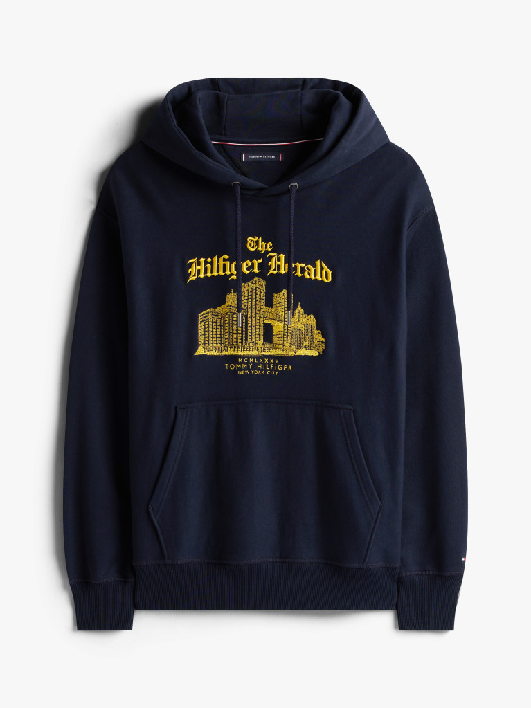 Μπλε Άνετο Hoody Με Κεντητό Λογότυπο Και Κορδόνι  Άνδρες