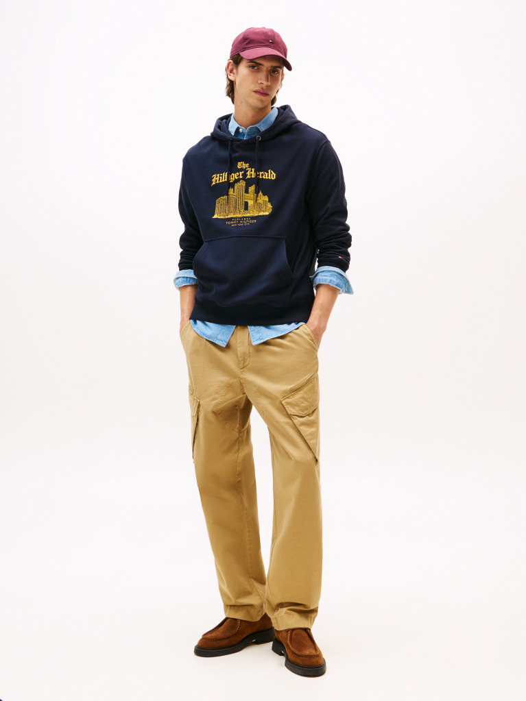 Μπλε Άνετο Hoody Με Κεντητό Λογότυπο Και Κορδόνι  Άνδρες