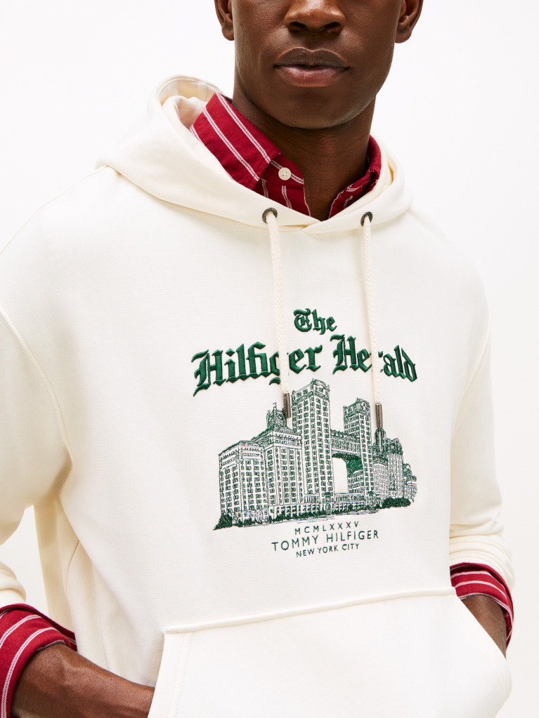 Μπεζ Άνετο Hoody Με Κεντητό Λογότυπο Και Κορδόνι  Άνδρες