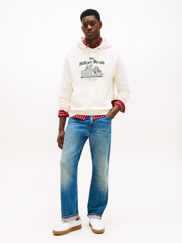 Μπεζ Άνετο Hoody Με Κεντητό Λογότυπο Και Κορδόνι  Άνδρες