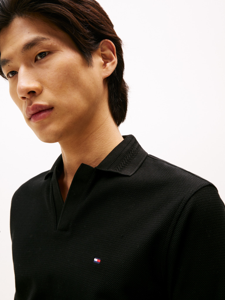 Black Jacquard Long Sleeve Polo Shirt  Men