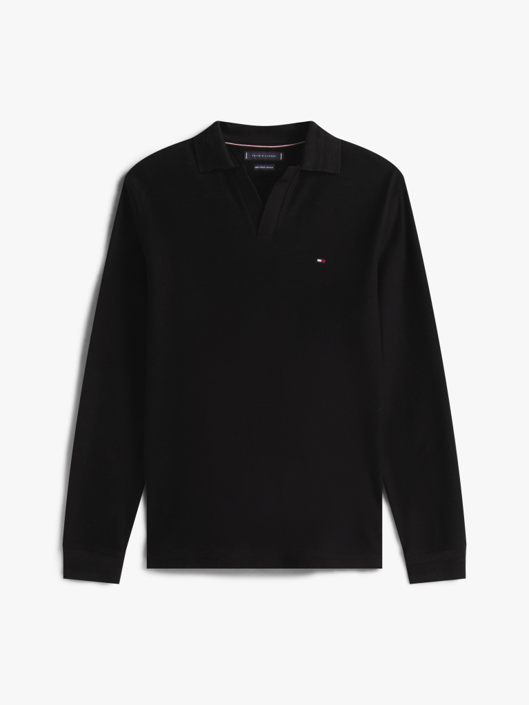 Black Jacquard Long Sleeve Polo Shirt  Men