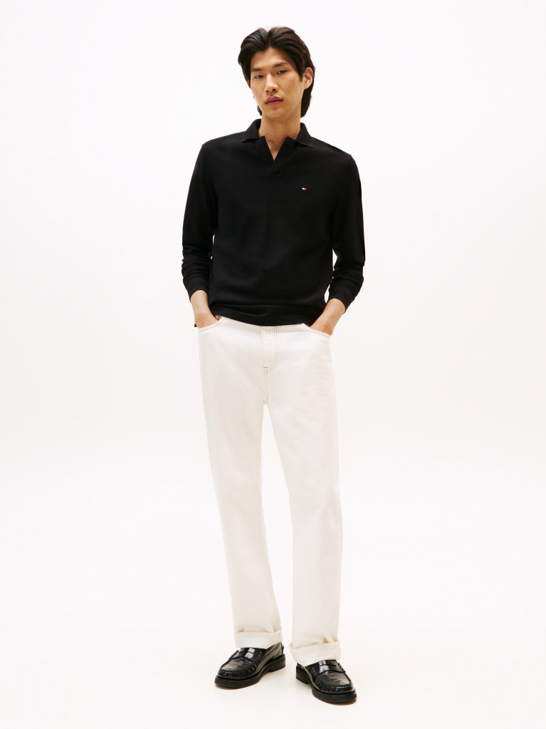 Black Jacquard Long Sleeve Polo Shirt  Men
