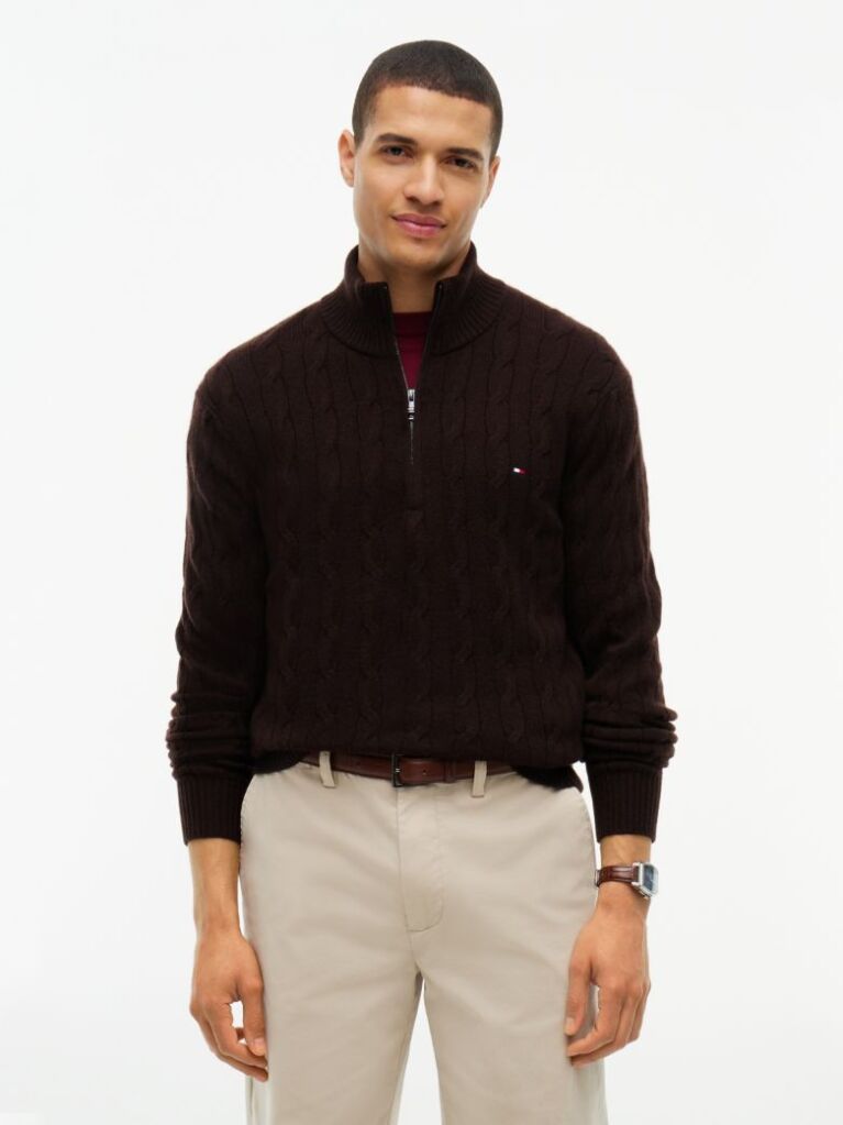Brown Pure Lambswool Cable Knit Quarter-Zip Jumper  Men