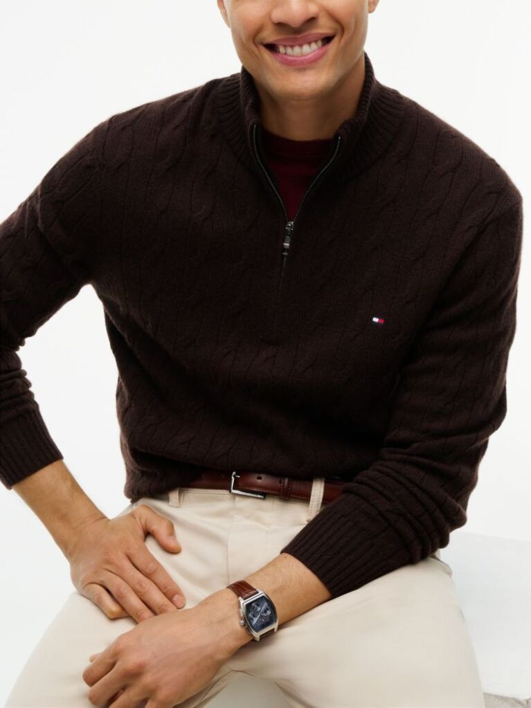 Brown Pure Lambswool Cable Knit Quarter-Zip Jumper  Men