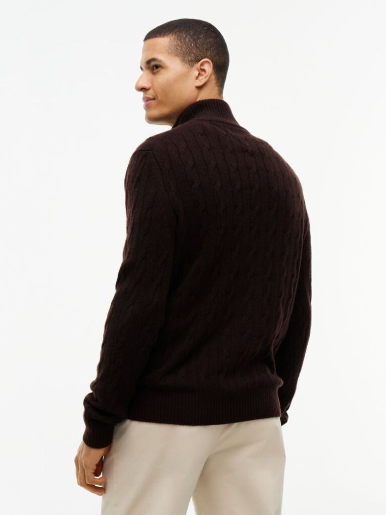 Brown Pure Lambswool Cable Knit Quarter-Zip Jumper  Men