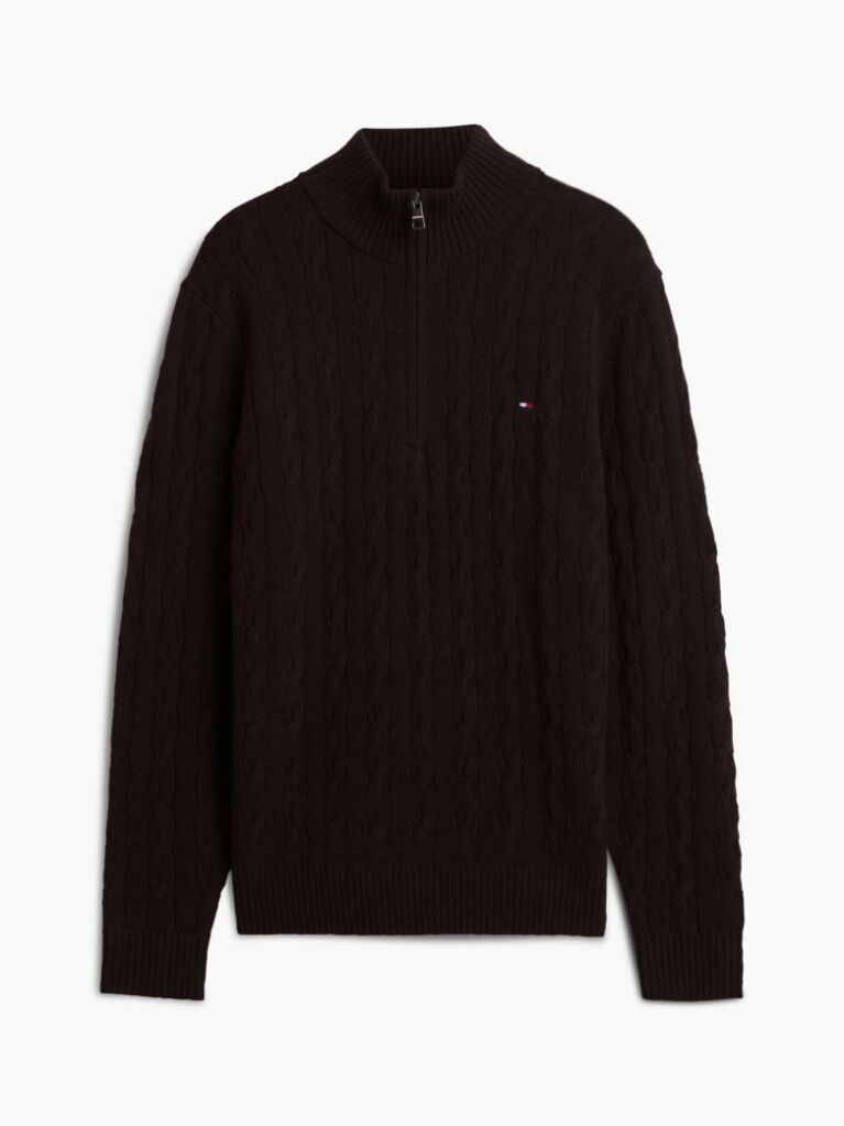 Brown Pure Lambswool Cable Knit Quarter-Zip Jumper  Men