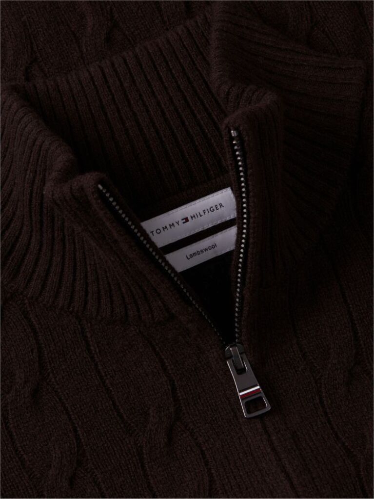Brown Pure Lambswool Cable Knit Quarter-Zip Jumper  Men