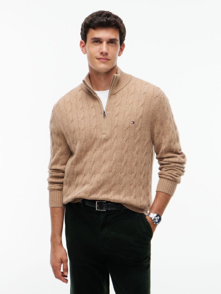 Brown Pure Lambswool Cable Knit Quarter-Zip Jumper  Men
