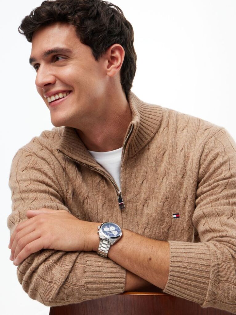 Brown Pure Lambswool Cable Knit Quarter-Zip Jumper  Men