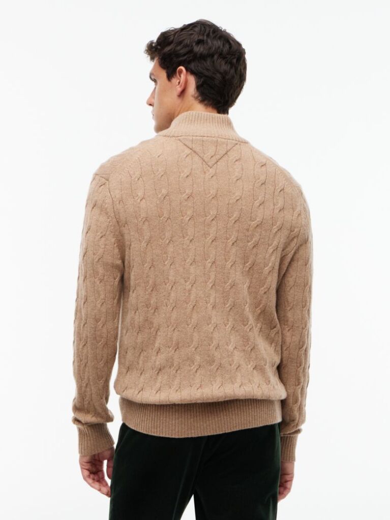 Brown Pure Lambswool Cable Knit Quarter-Zip Jumper  Men