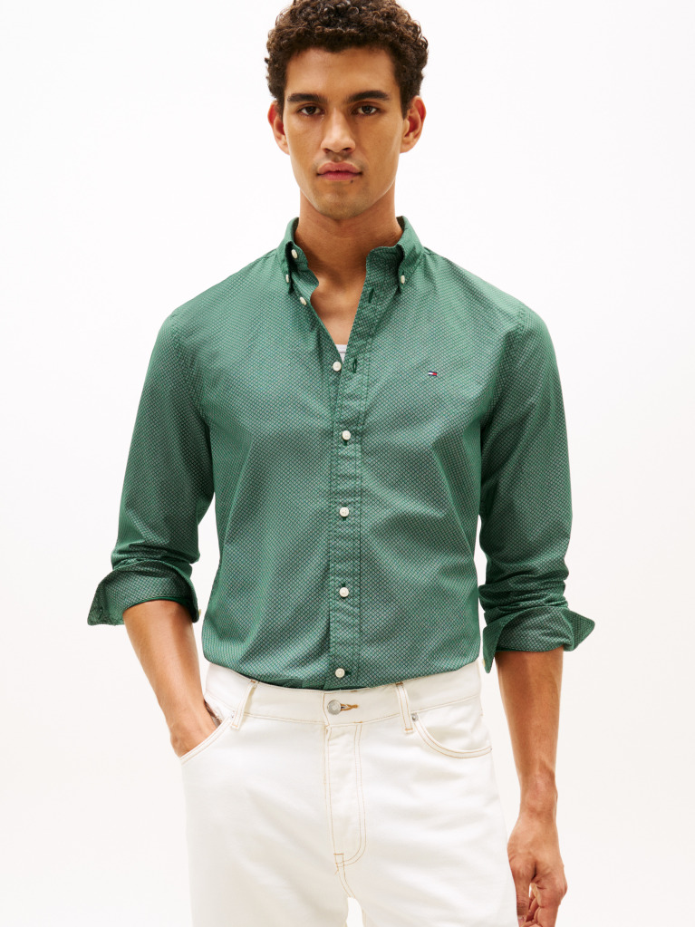 Green Flex Poplin Regular Micro Print Shirt  Men