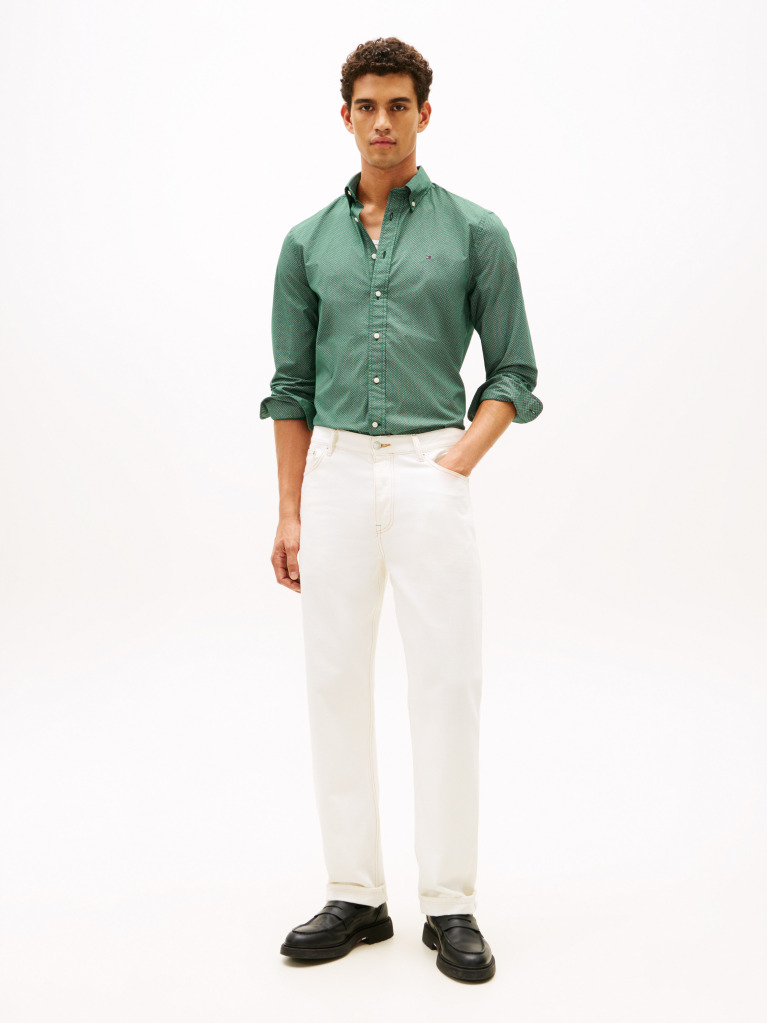 Green Flex Poplin Regular Micro Print Shirt  Men