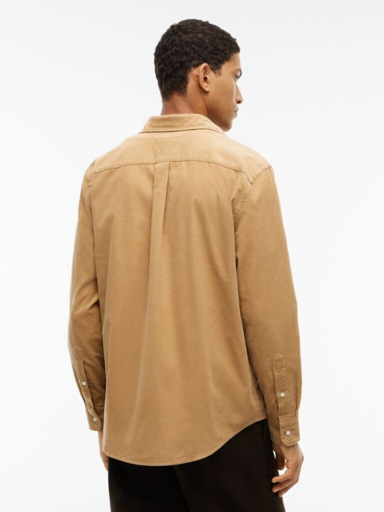Beige Regular Fit Flag Embroidery Corduroy Shirt  Men