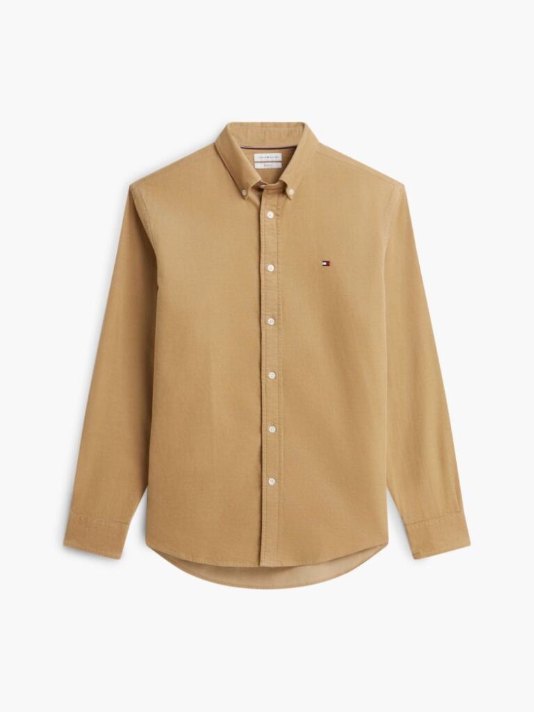 Beige Regular Fit Flag Embroidery Corduroy Shirt  Men