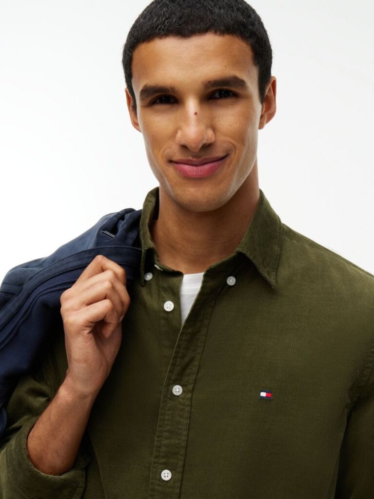 Green Regular Fit Flag Embroidery Corduroy Shirt  Men