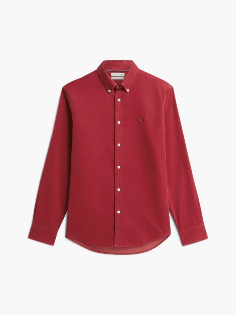 Red Regular Fit Flag Embroidery Corduroy Shirt  Men