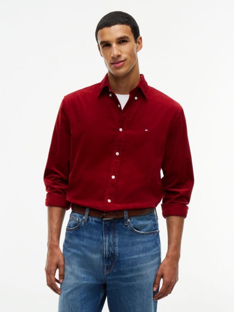 Red Regular Fit Flag Embroidery Corduroy Shirt  Men