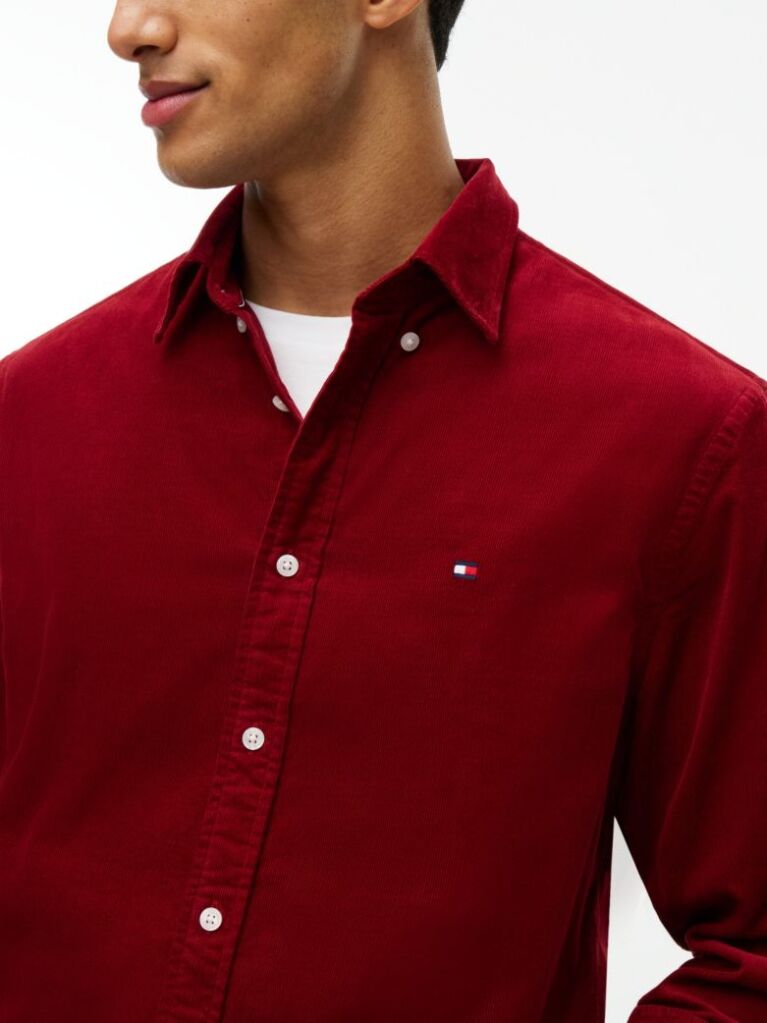 Red Regular Fit Flag Embroidery Corduroy Shirt  Men