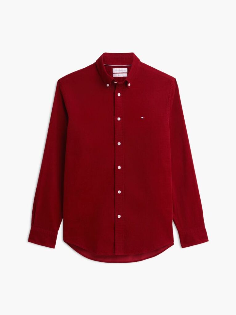 Red Regular Fit Flag Embroidery Corduroy Shirt  Men