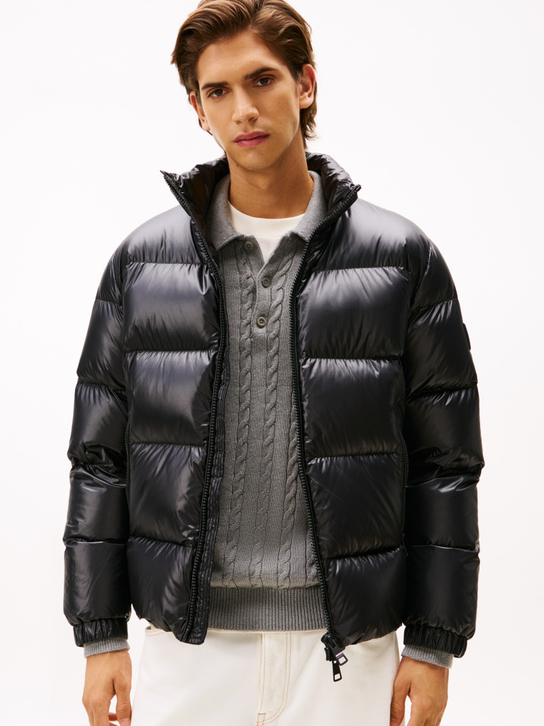 Black Shiny Water Repellent Down Puffer Jacket  Men