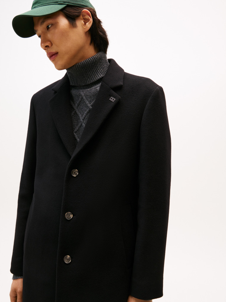 Black Smart Casual Wool Blend Single Breasted Coat  Men