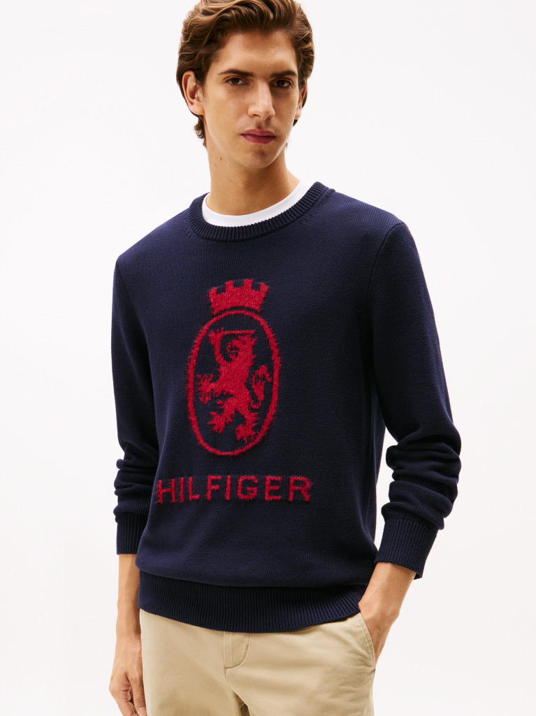 Μπλε Intarsia TH Crest Πουλόβερ Με Κλασική Λαιμόκοψη  Άνδρες