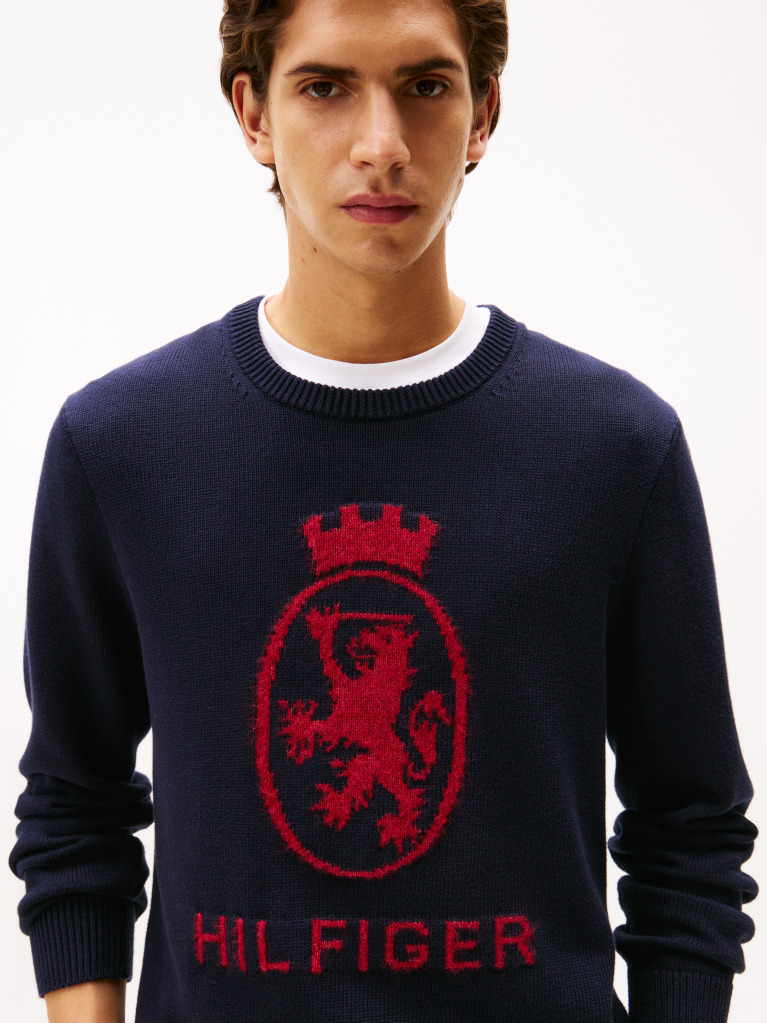 Μπλε Intarsia TH Crest Πουλόβερ Με Κλασική Λαιμόκοψη  Άνδρες