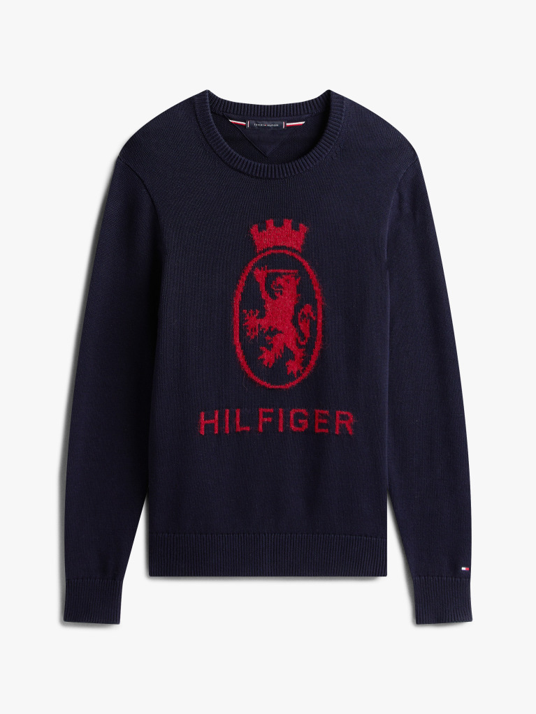 Μπλε Intarsia TH Crest Πουλόβερ Με Κλασική Λαιμόκοψη  Άνδρες