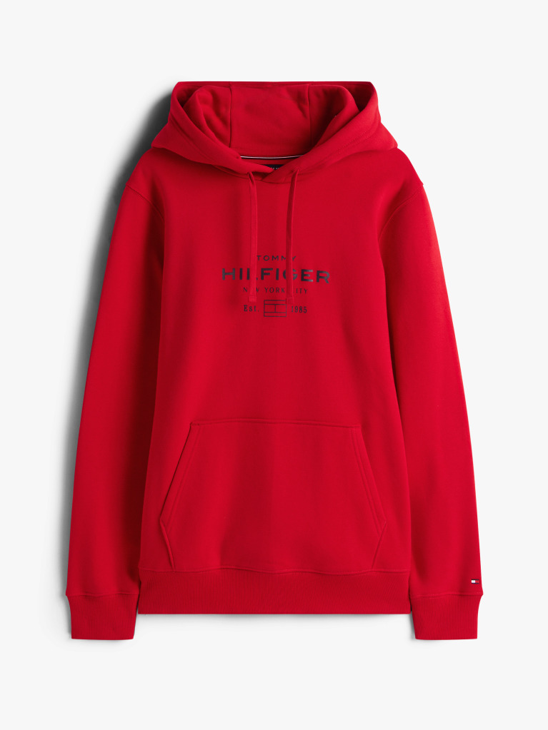 Red Perfect for fighting the cold, this warm hoodie is enhanced with a stylish, tonal Tommy Hilfiger logo and crafted from high-quality interlock knit.  Men