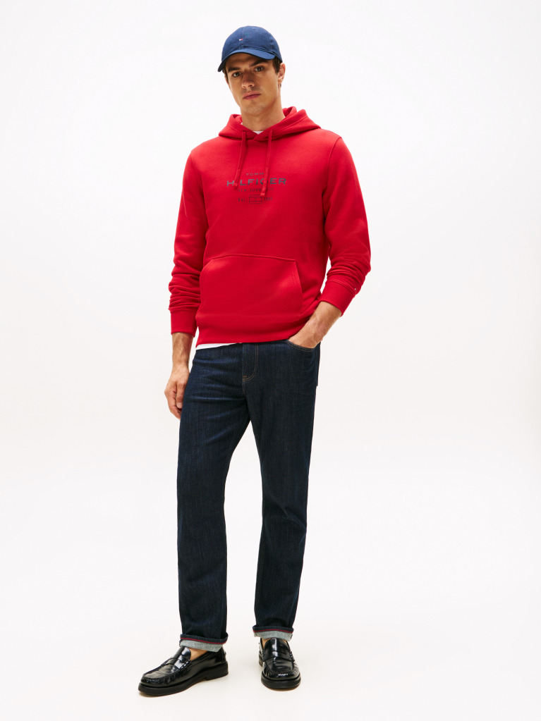 Red Perfect for fighting the cold, this warm hoodie is enhanced with a stylish, tonal Tommy Hilfiger logo and crafted from high-quality interlock knit.  Men