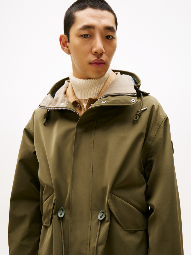 Green Windproof Logo Patch Hooded Parka  Men